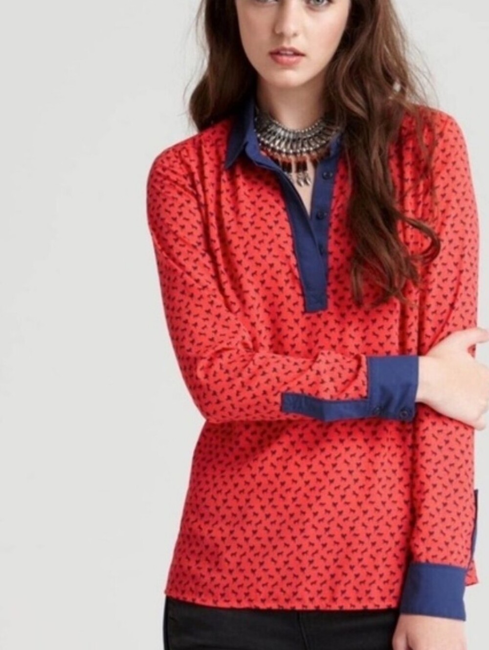 Free People Red Navy Equestrian Horse Print Oversized Blouse Shirt Womens Medium